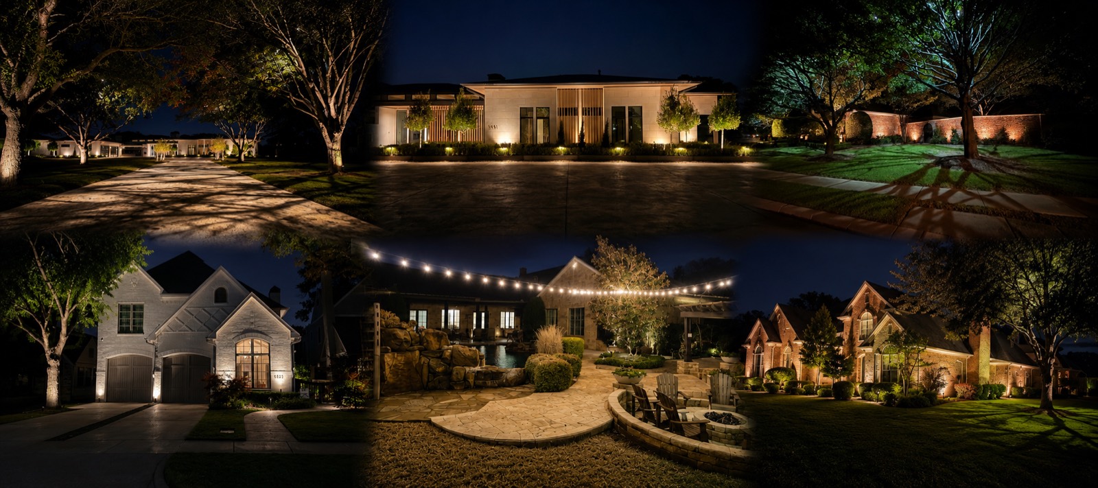 Stone luxury home facade lit with warm architectural uplighting at dusk