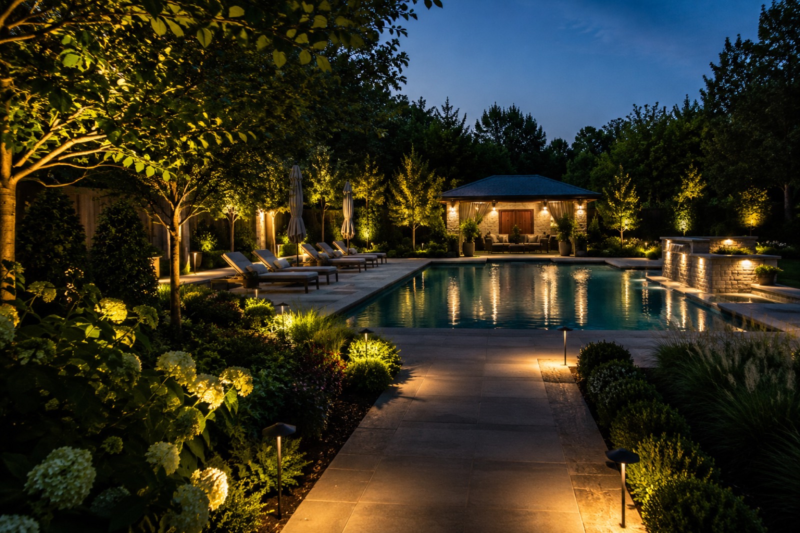 Collage of luxury home exteriors at night with warm uplighting