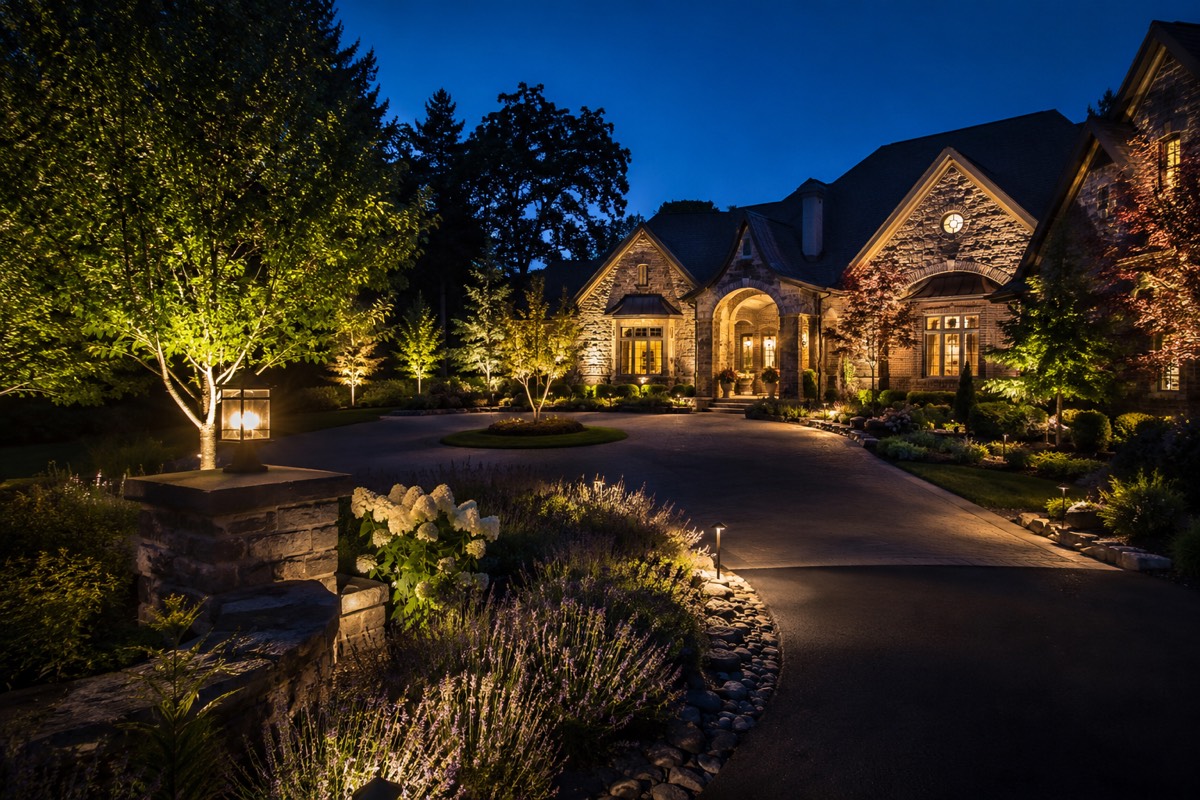 Poolside landscape lighting at dusk with uplit trees and path lights